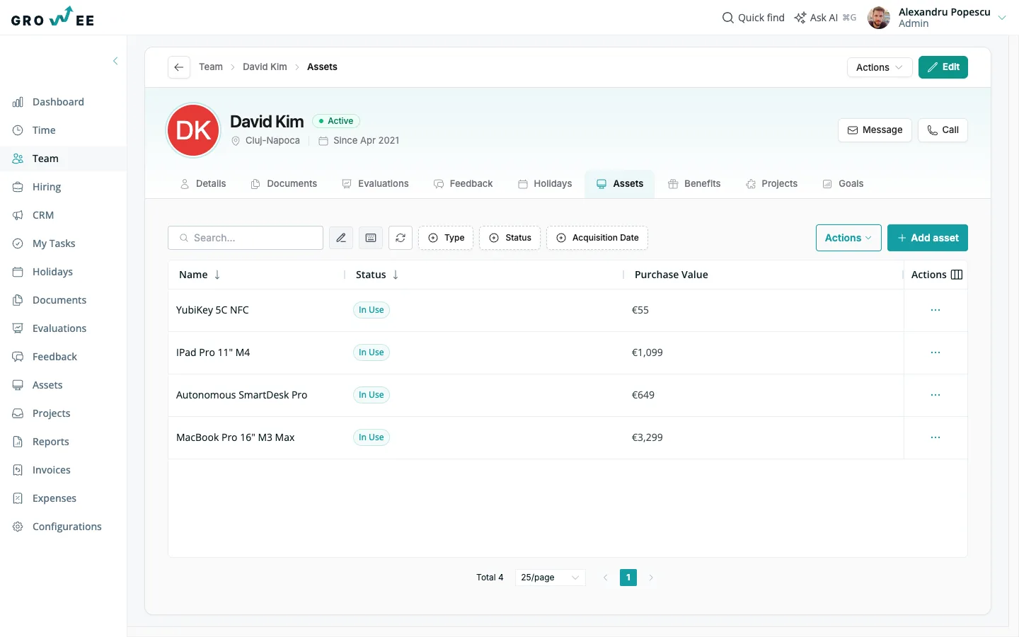 An employee profile assets tab listing the gear that person currently holds.