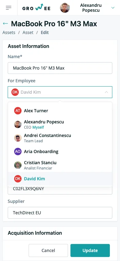 Assigning an asset to an employee on a phone