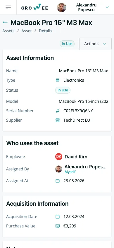 An asset's detail page on a phone