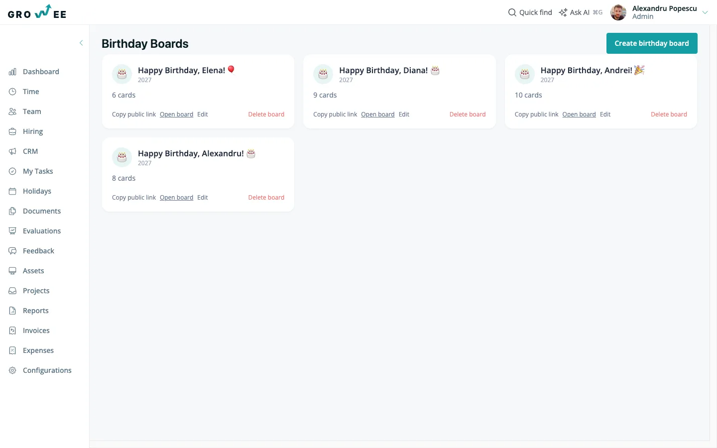 The HR list of birthday boards with copy-link and edit controls.
