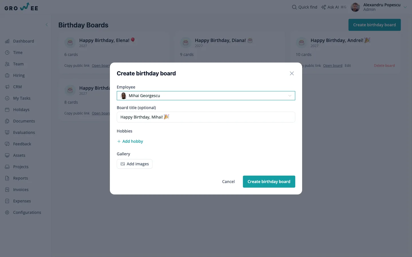 Creating a board — pick a teammate and their details fill in from Growee.