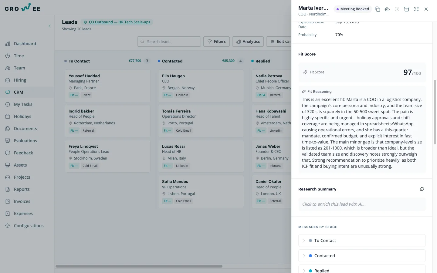 AI fit score with plain-language reasoning, right on the lead.