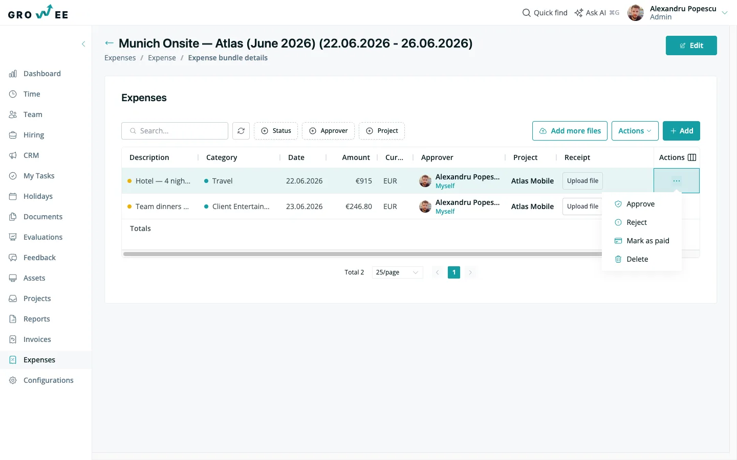 A pending expense with approve and reject controls.