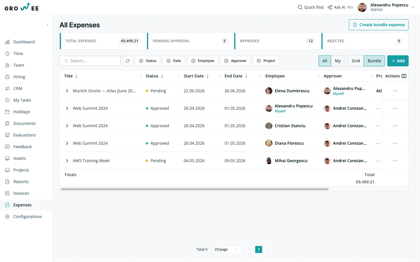 The expense bundles view — related receipts grouped for one approval.