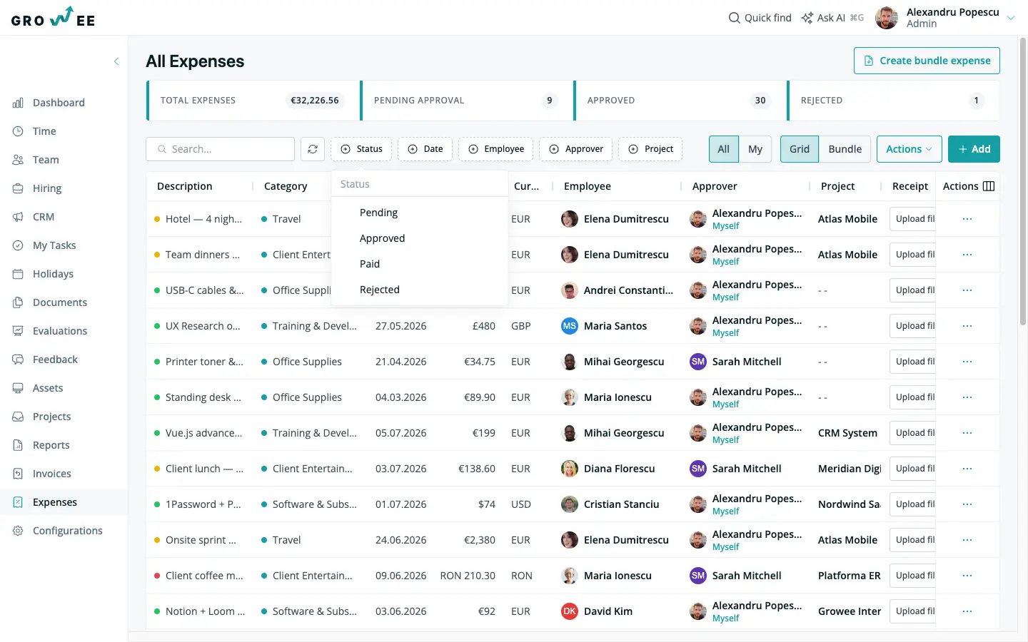 The status filter open over the expenses table — pending, approved, paid, and rejected.