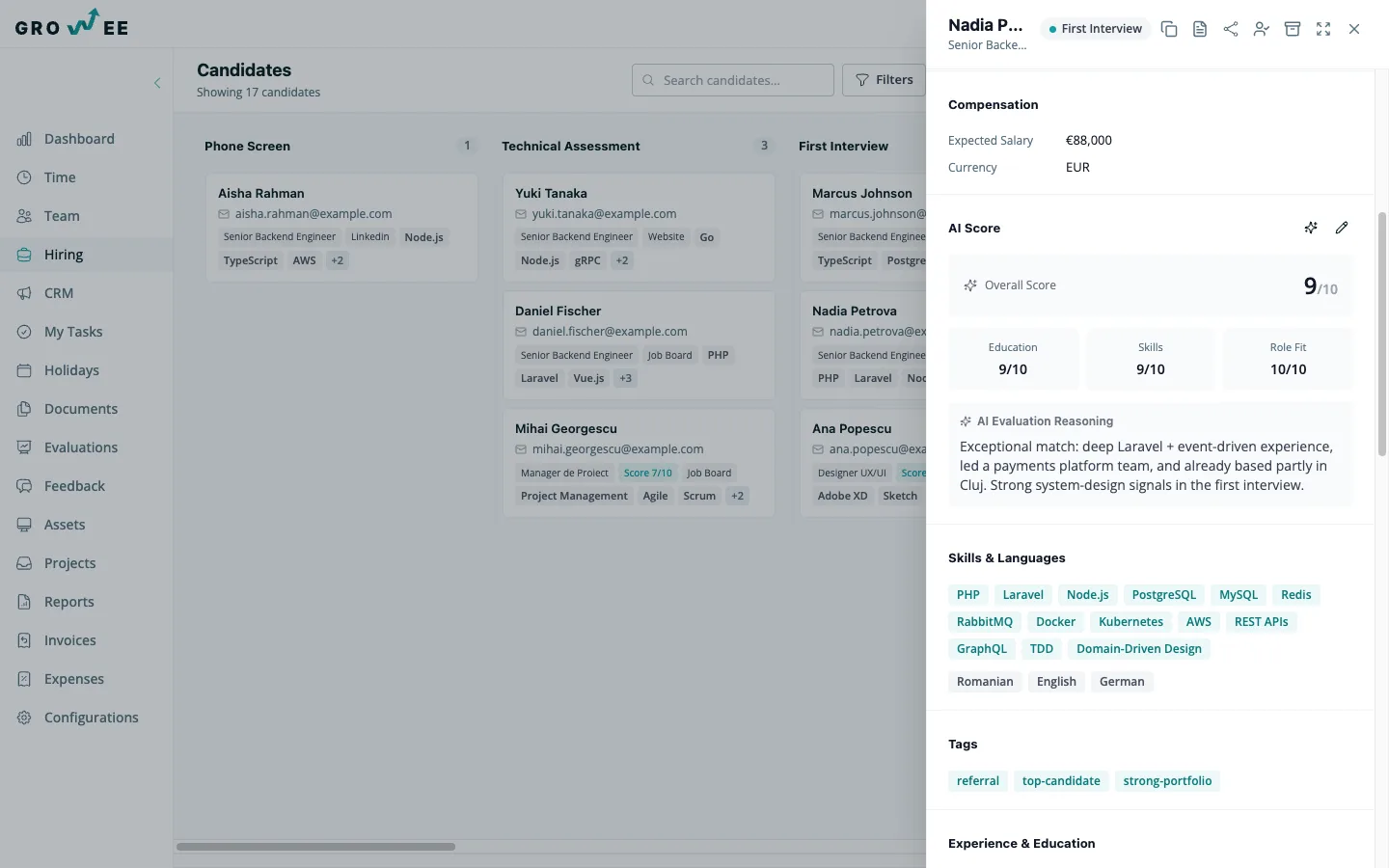 The candidate drawer with application details, AI score, and notes.