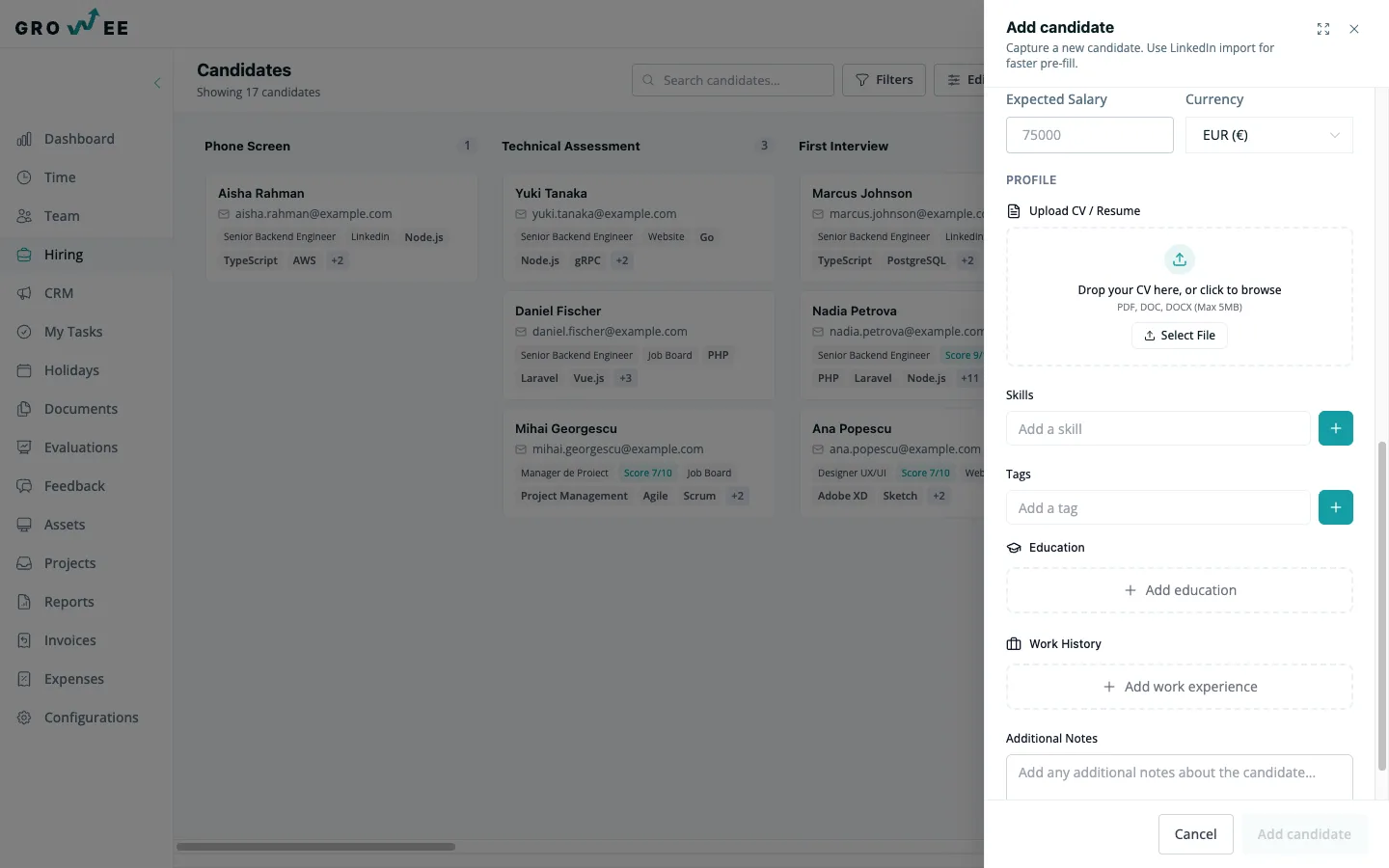 The Add Candidate sheet parsing an uploaded CV into structured fields.