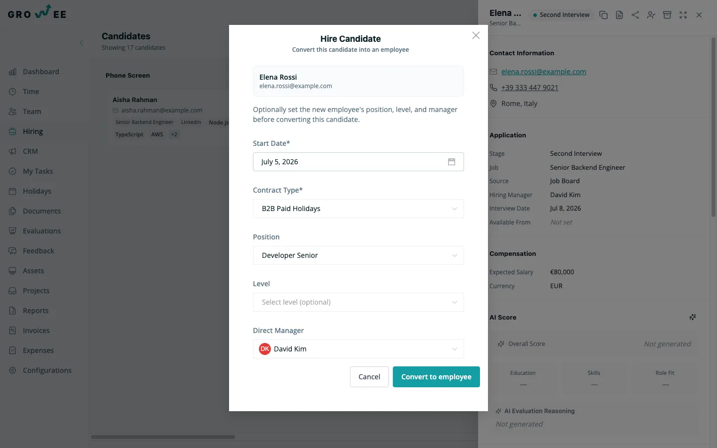 The hire modal converting a candidate into a Growee employee.