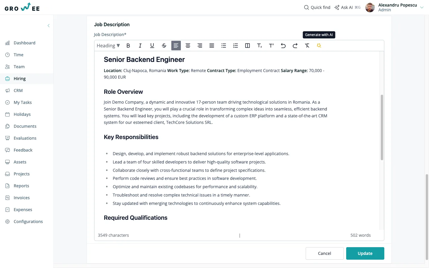 The job form with an AI-generated description drawn from the associated project.