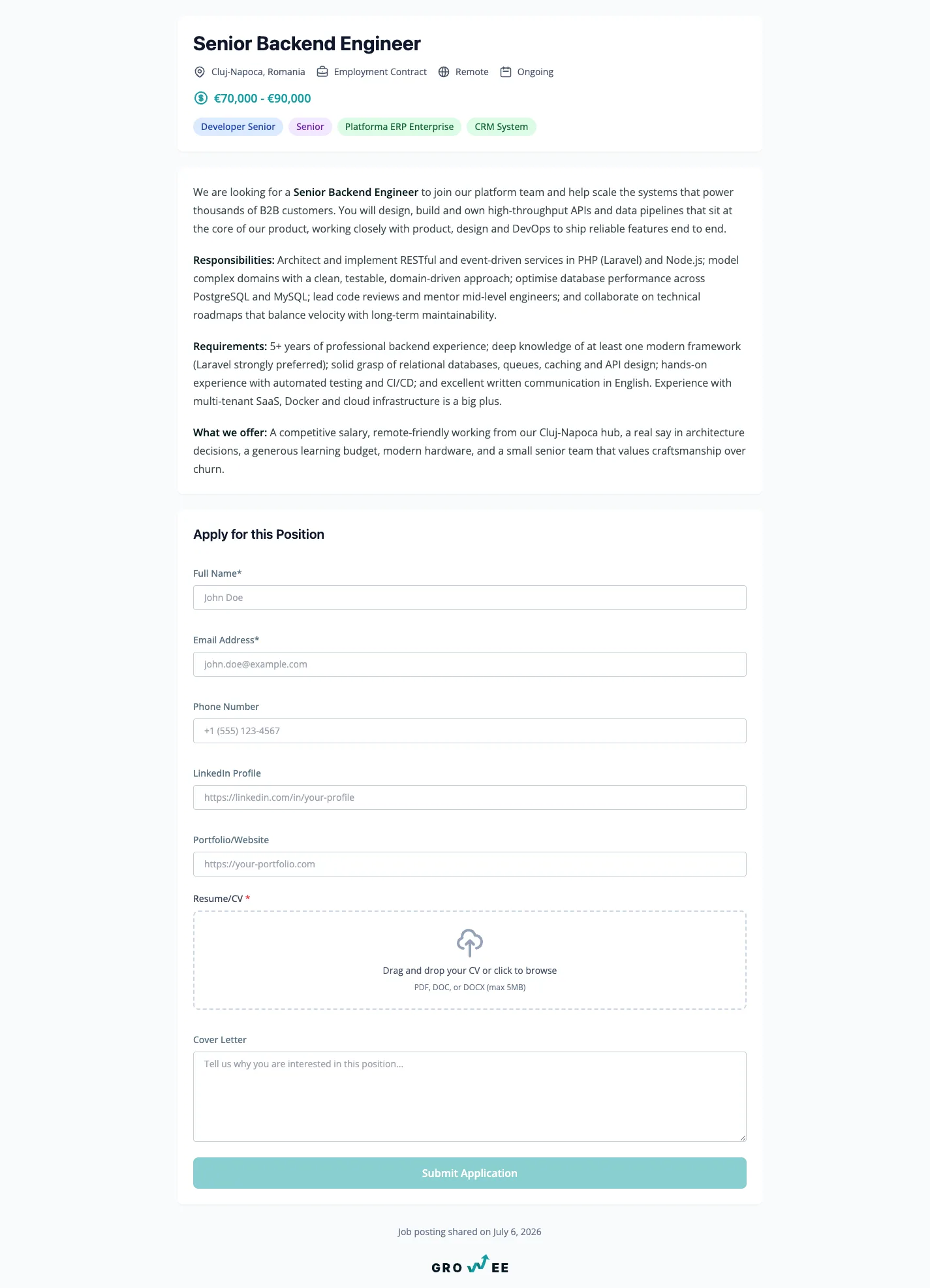 The public careers page where candidates read the role and apply.
