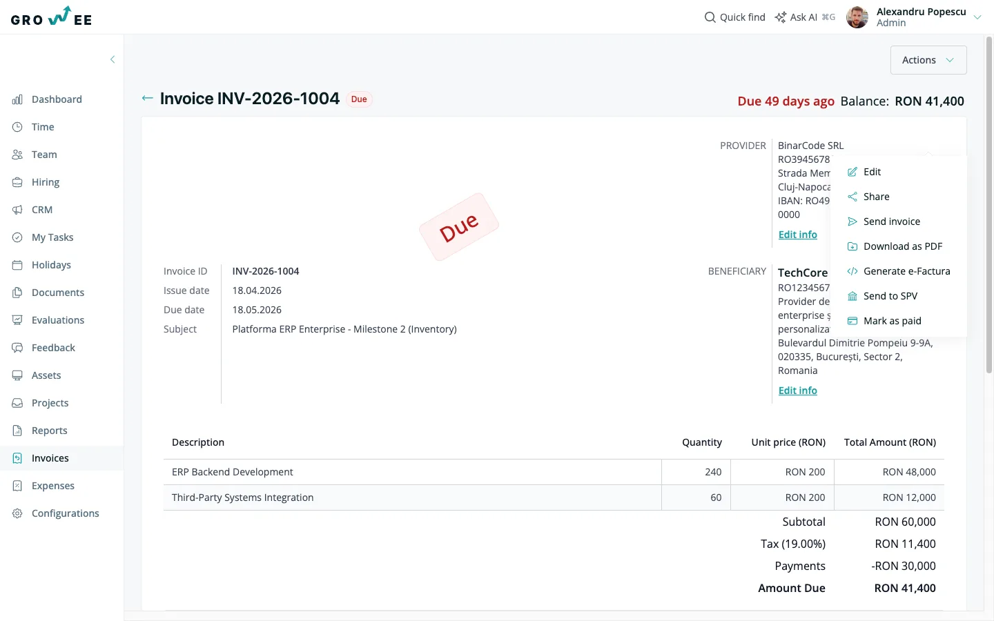 The e-Factura ANAF XML export action on a Romanian invoice.