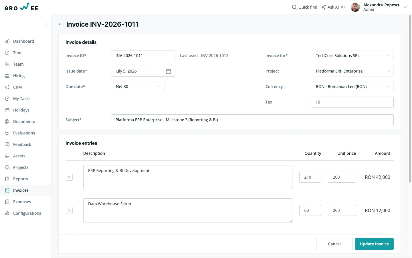 The invoice editor with line items, quantities, unit prices, and totals filled in.