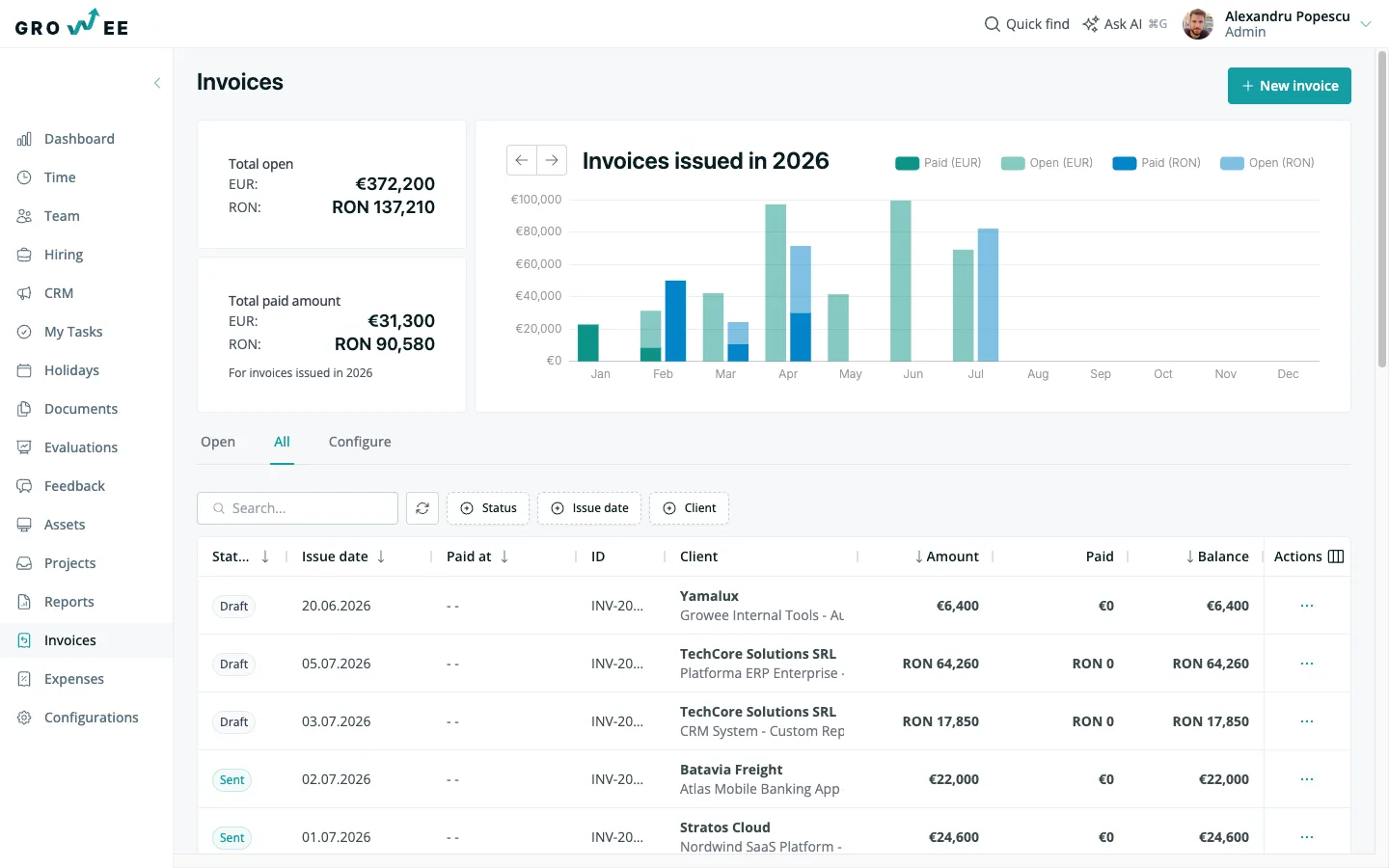 Invoices born from billable hours — the Growee invoice list