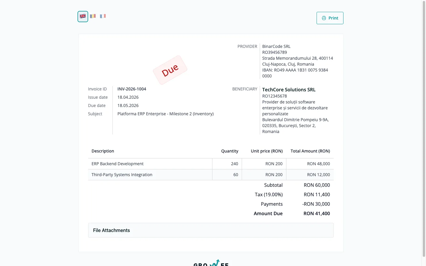 A public, no-login shared invoice view with a download button.