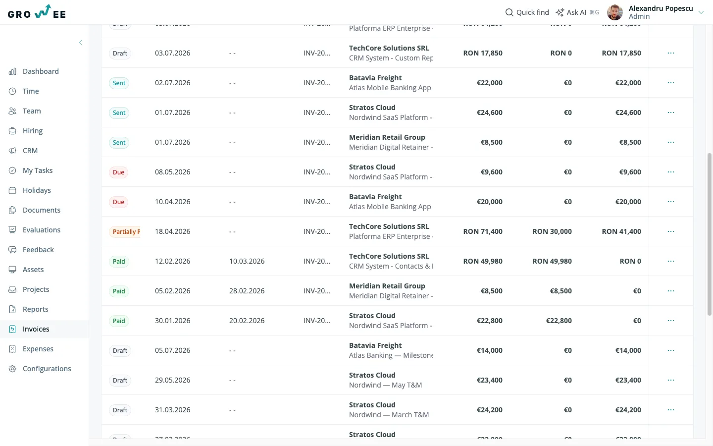 Invoices with draft, sent, overdue, and paid status badges across the list.