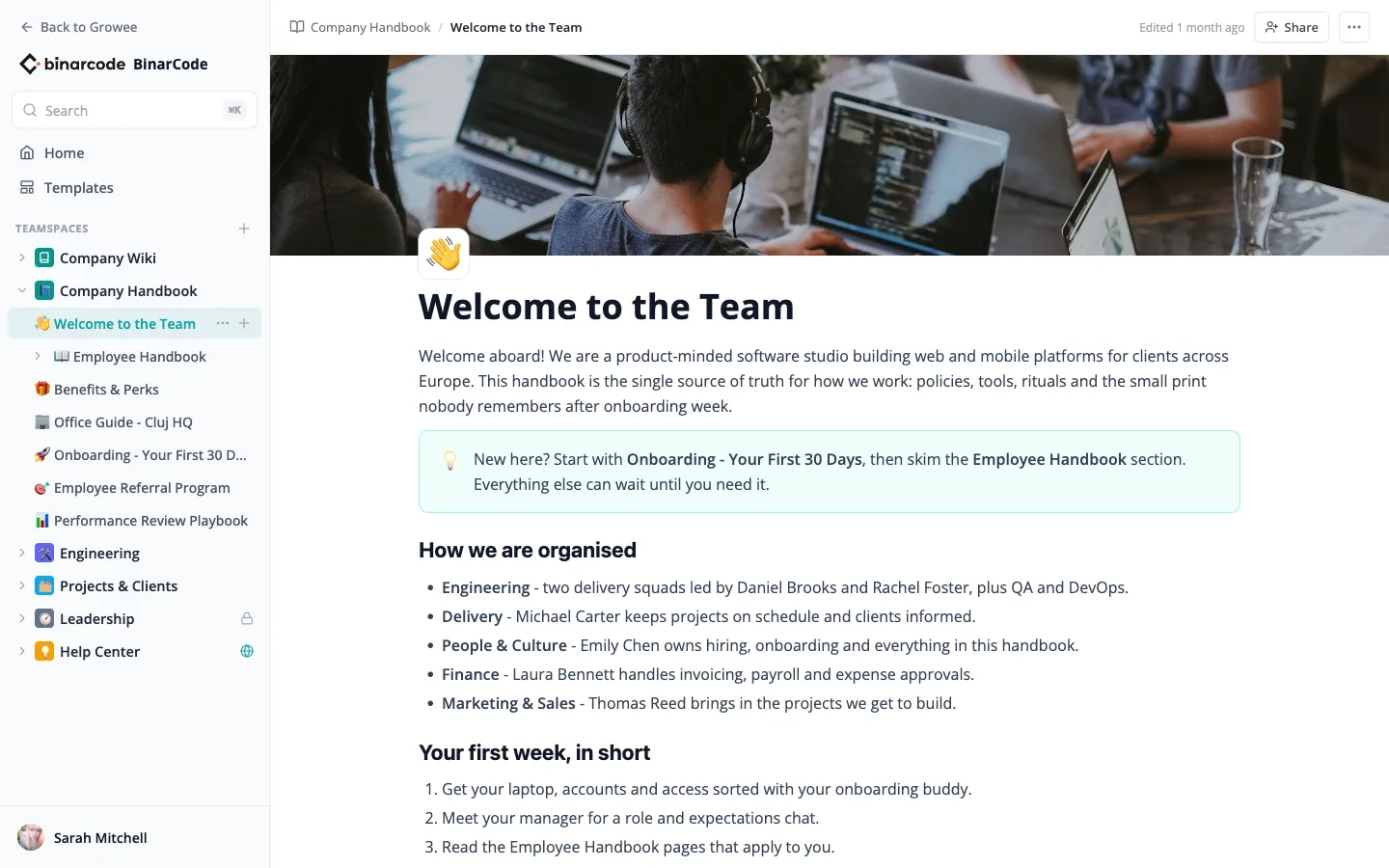 The Growee knowledge base editor with teamspaces, a cover image, and rich content blocks.