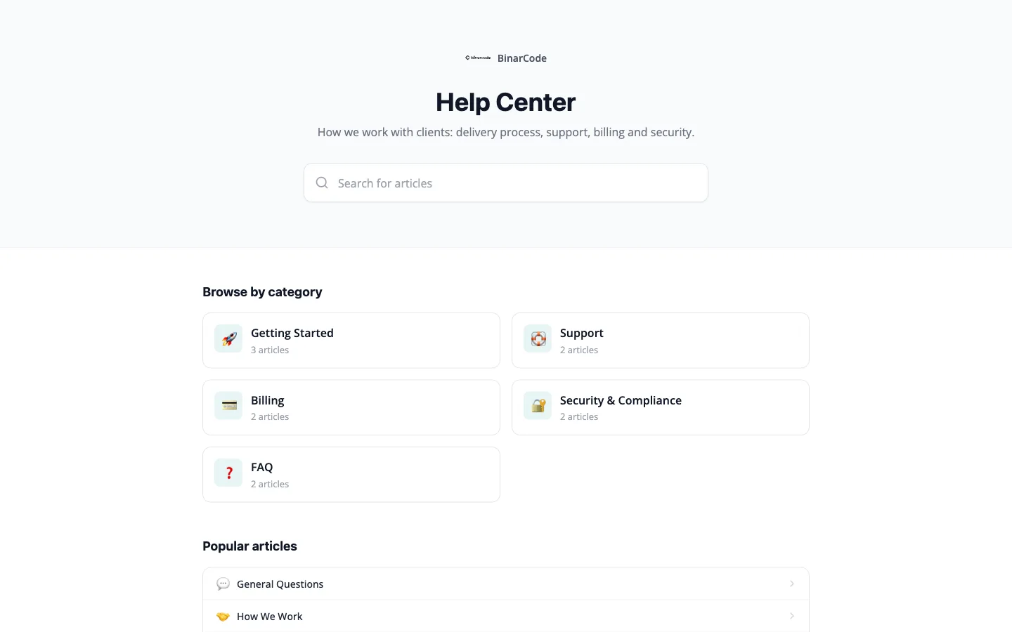 A published public help center with category cards and popular articles.