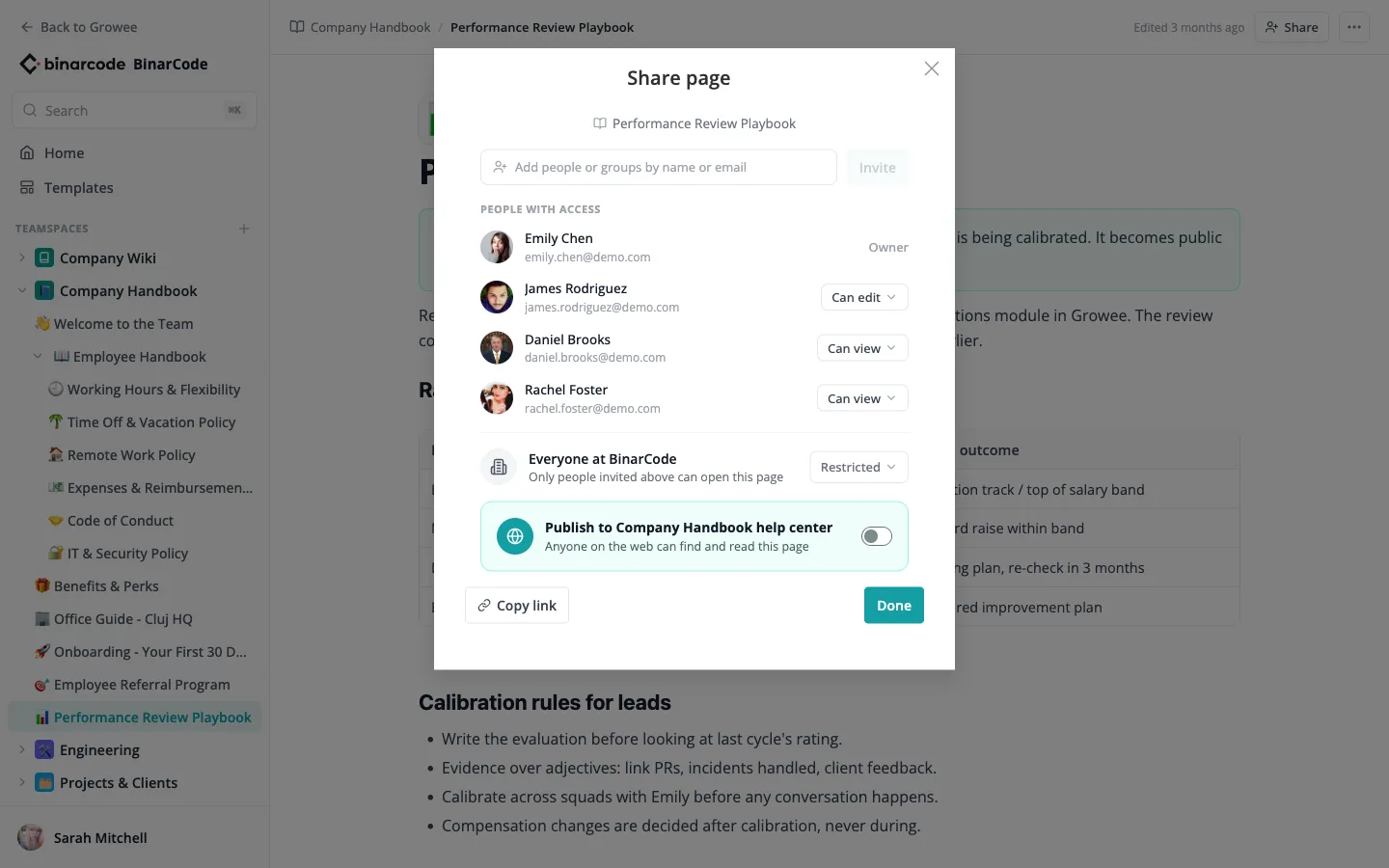 The share dialog showing people with access, roles, and the publish toggle.