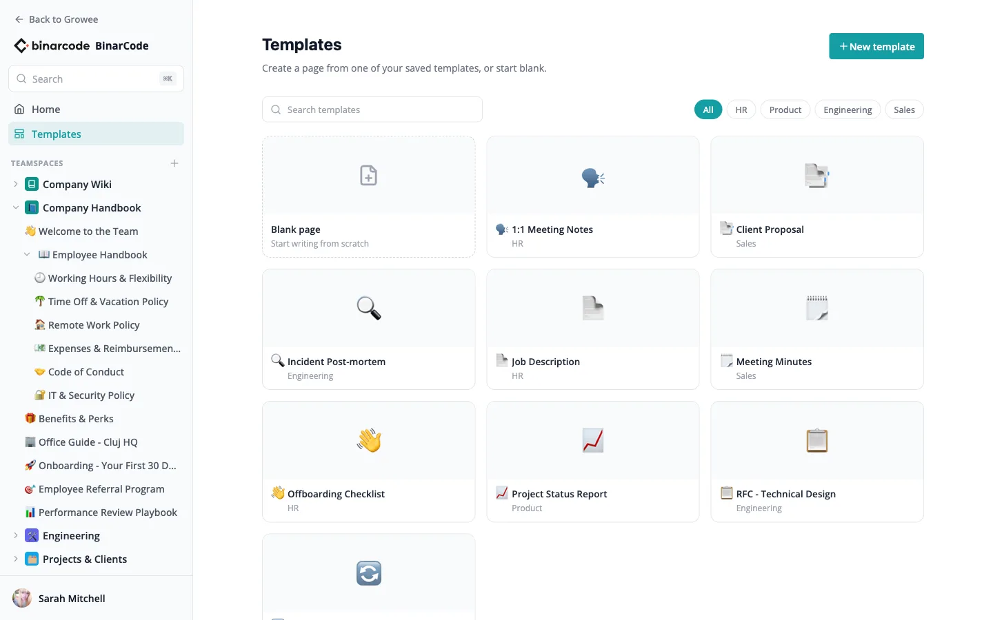 The template gallery filtered by HR, Product, Engineering, and Sales categories.
