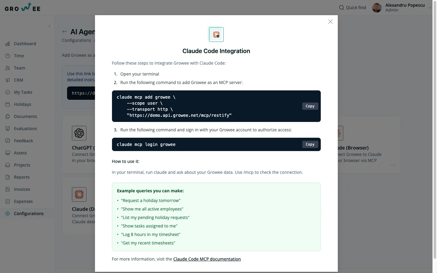 The Claude Code setup dialog showing the claude mcp add command.