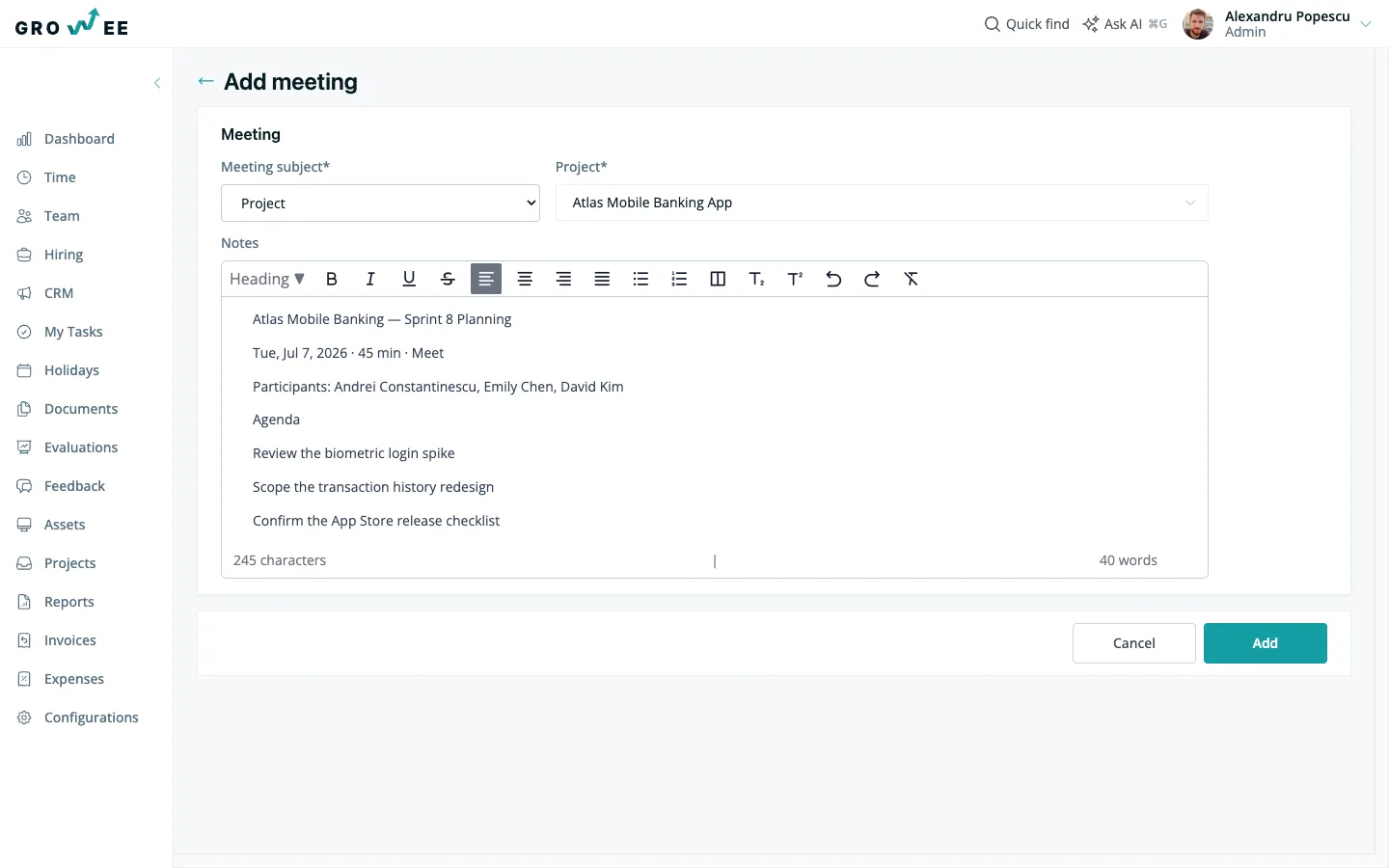 The create-meeting form — subject dropdown and a rich text notes editor for the agenda and minutes.