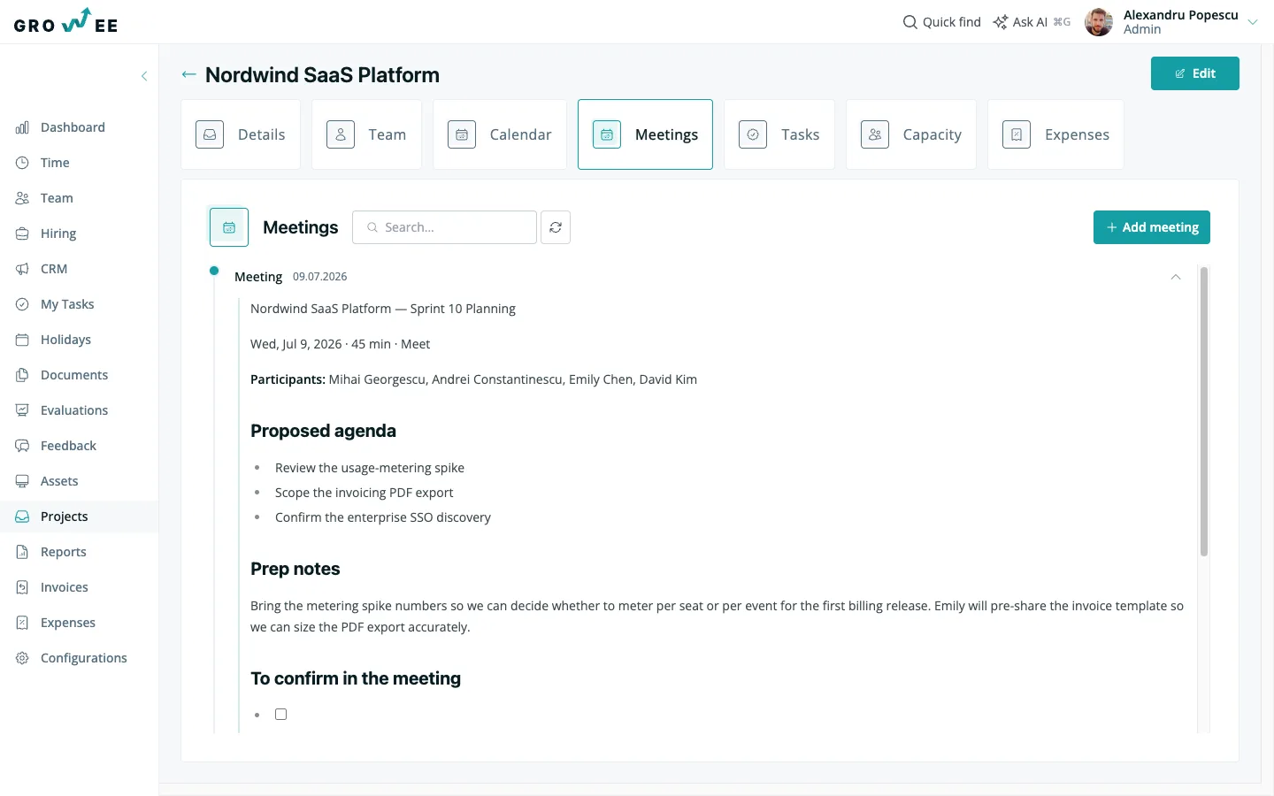 A project with its own meetings tab, listing every discussion held about it.