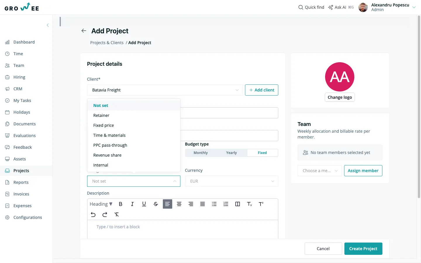 Creating a project — client, budget type, and billing model in one form.