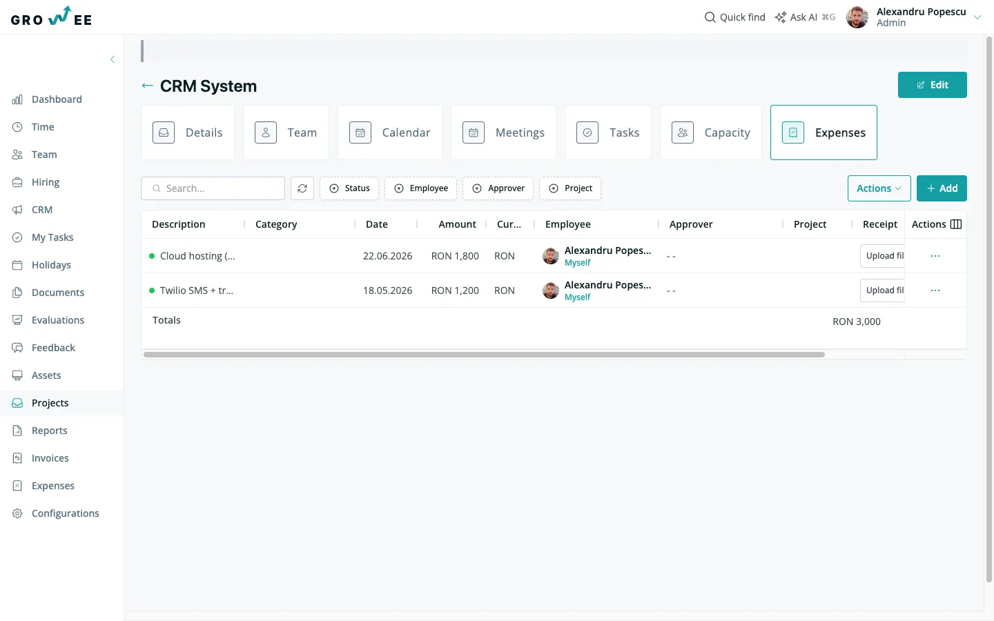 Project expenses — a table allocating direct costs to the project.