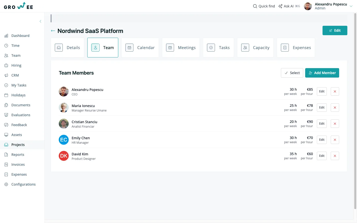 A project team roster — each member's weekly allocation hours and hourly billed rate, with inline add and edit.